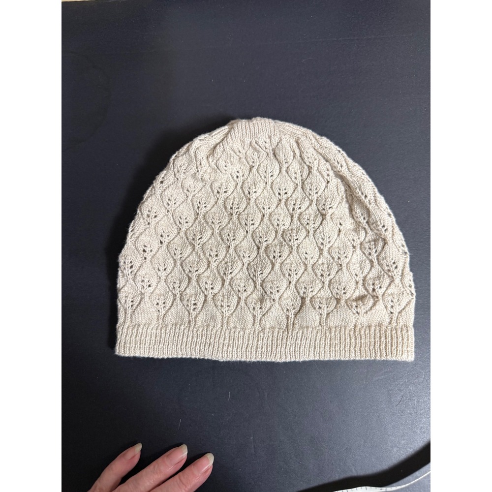 Parkhurst Tan Cream Cotton Pointelle Leaf Knit Beanie Hat Made in Canada Womens